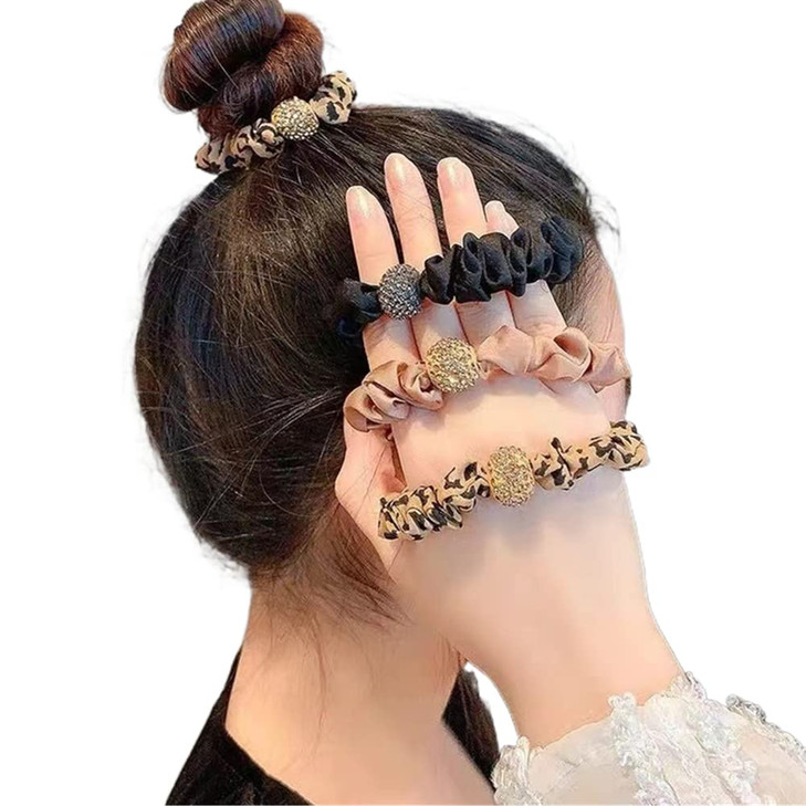 Xiwstar 4Pcs Elastic Rhinestone Beads Scrunchies Hair Ties Silk Satin Leopard Print Hair Elastics Bands Ponytail Holder Hair Accessories