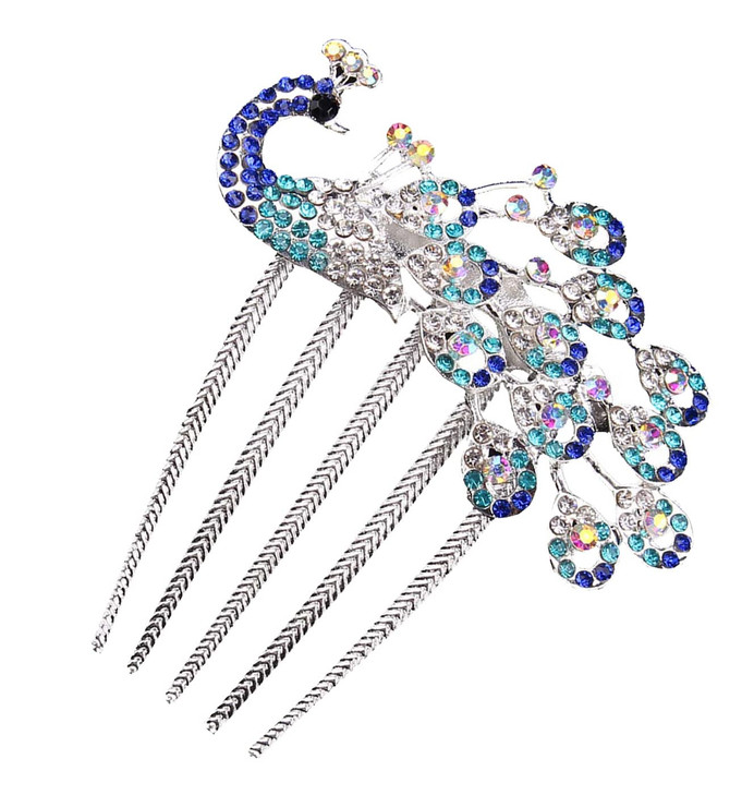 Wedding Bridal Headpiece Rhinestone Hair Comb Women Peacock Hair Clip Side Comb Hair Accessory(Blue)