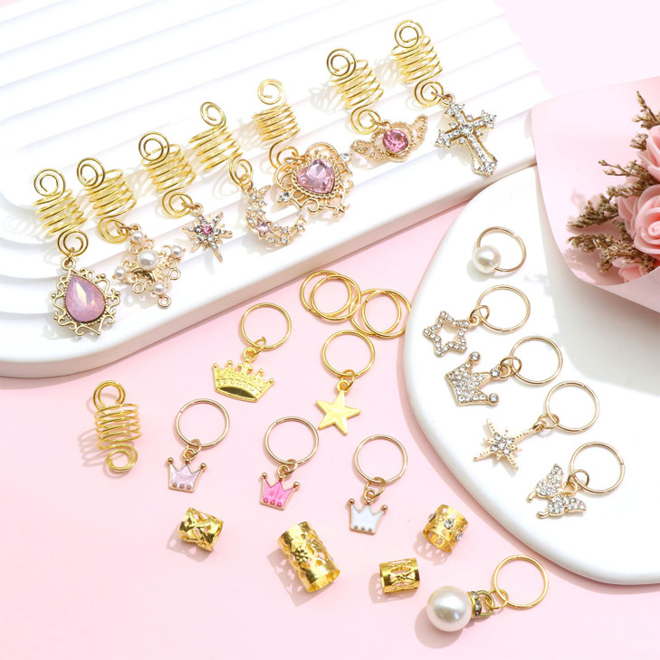 NAISKA 156Pcs Pink Crystal Loc Dreadlocks Jewelry Gold Hair Jewelry for Braids Multi Shape Crown Pearls Hair Decoration Hair Coils Rings Dreadlocks H