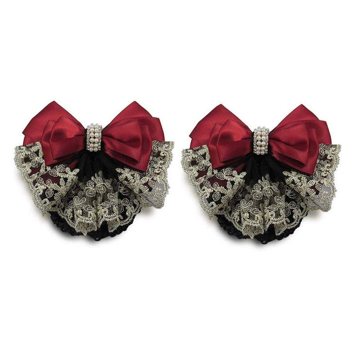 2Pcs Professional Hair Bun Cover Net Snood Hairnet Bowknot with Fan-shaped Lace Pearl Crystal Decoration Barrette Hair Clip Hair Accessories for Wome