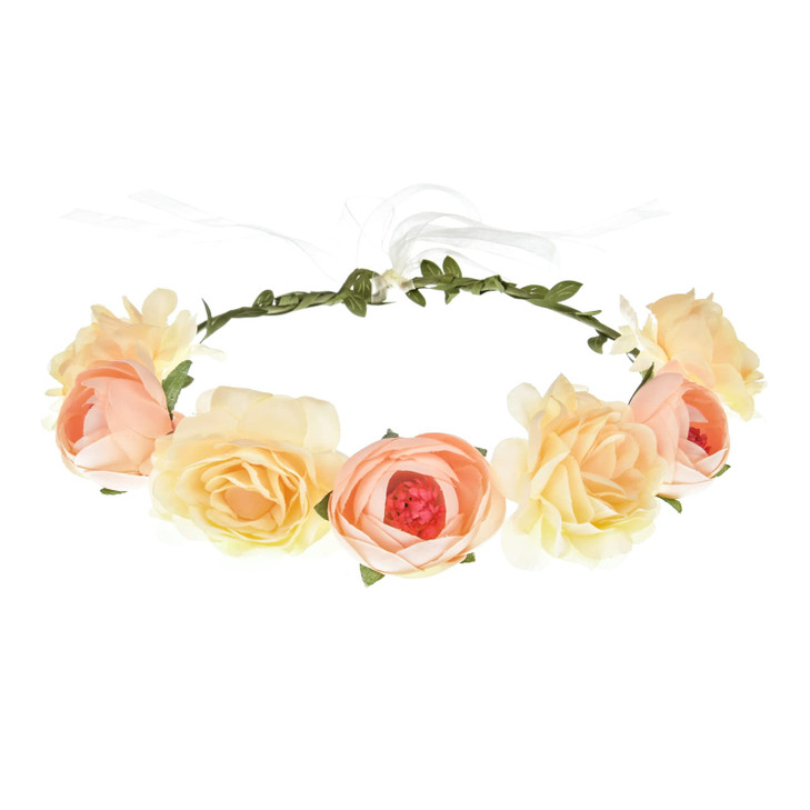 June Bloomy Women Rose Floral Crown Hair Wreath Leave Flower Headband with Adjustable Ribbon (Champagne)