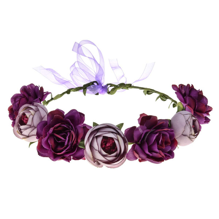June Bloomy Women Rose Floral Crown Hair Wreath Leave Flower Headband with Adjustable Ribbon (Purple)