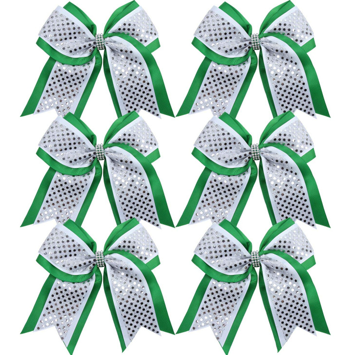 Cheerleader Bows 8 Inch 3 Layers 6 Pcs Ponytail Holder Jumbo Cheerleading Bows Hair Elastic Hair Tie for High School College (Green/White/Silver)