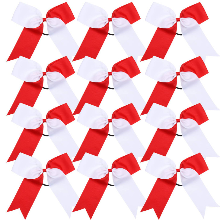 Cheerleading Bow Jumbo Cheer Bows 12 Pcs 7 Inch Ponytail Holder Cheerleader Bows Hair Tie (Red/White)