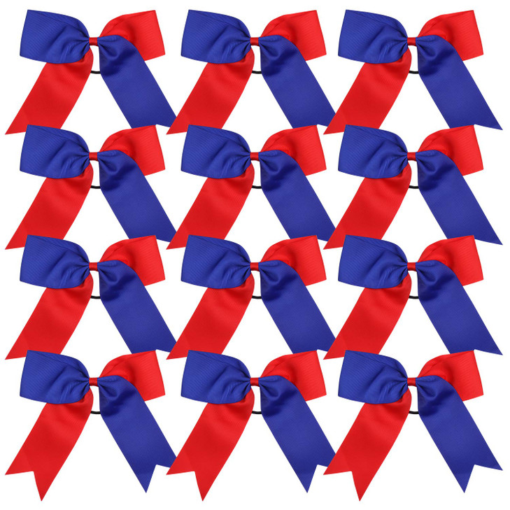 Cheerleading Bow Jumbo Cheer Bows 12 Pcs 7 Inch Ponytail Holder Cheerleader Bows Hair Tie (Red/Royal Blue)