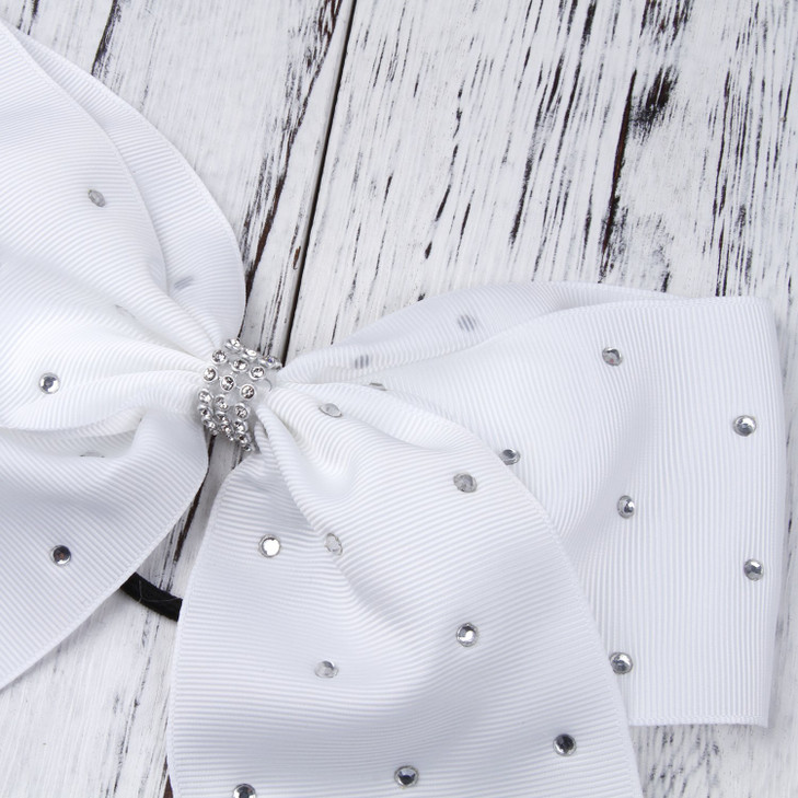8 Inch Jumbo Cheerleader Bows with Bling Fling Rhinestones Ponytail Holder Cheerleading Bows Hair Tie College (White)
