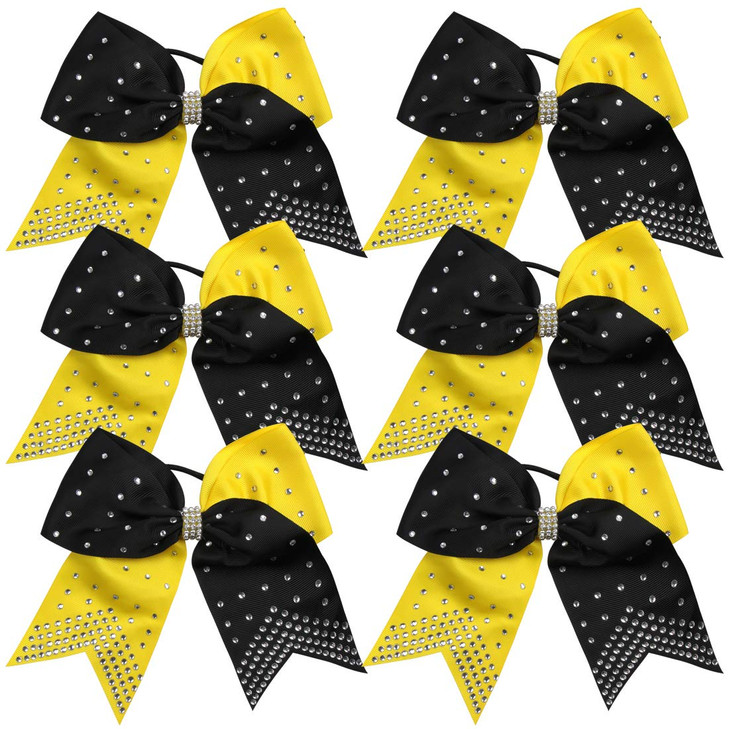 8 Inch 2 Colors Cheerleader Bows Ponytail Holder with Bling Fling Rhinestones Hair Tie Cheerleading Bows 6 Pcs (Yellow/Black)