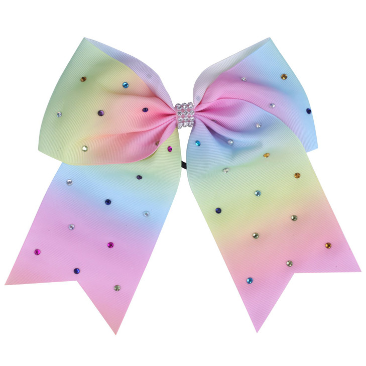 8 Inch Jumbo Cheerleader Bows with Bling Fling Rhinestones Ponytail Holder Cheerleading Bows Hair Tie College (Light Rainbow)