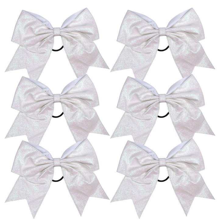 Cheerleader Bows Cheerleading 8 inch Sparkle Glitter Ponytail Holder Hair Tie School for High School College Girl Team Sports 6 Pcs (White)
