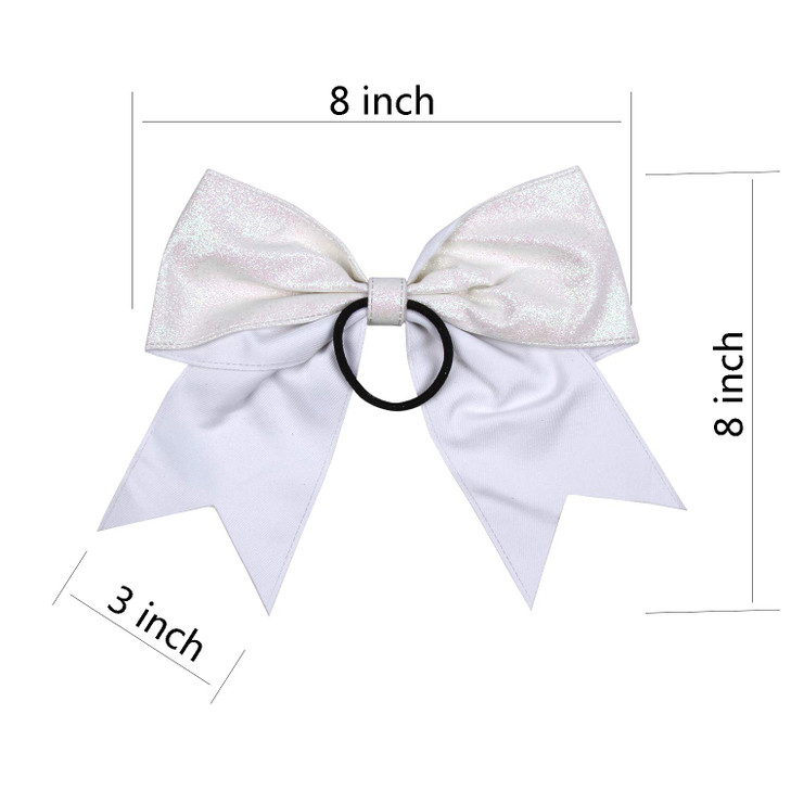Cheerleader Bows Cheerleading 8 inch Sparkle Glitter Ponytail Holder Hair Tie School for High School College Girl Team Sports 6 Pcs (White)