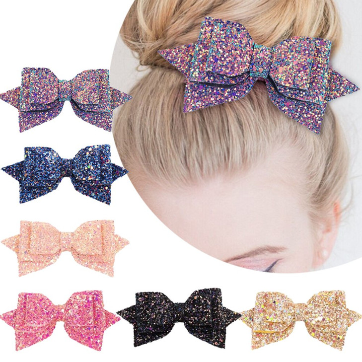 5 Inch Glitter Hair Bows Boutique Hair Clips 6 Pcs Multi Color Glitter Sequins Big Hair Bows for Baby Girls Teens Toddlers