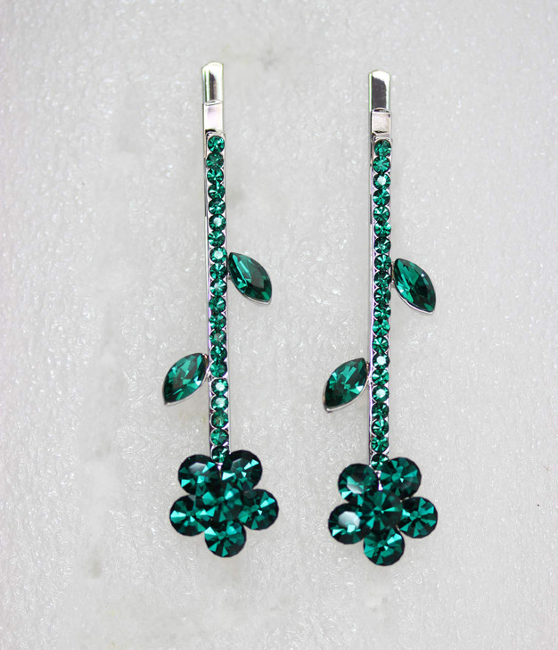 Faship Gorgeous A Pair Of Green Rhinestone Crystal Floral Hair Clips Pins 2 Pcs