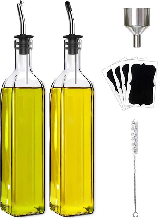Leaflai Olive Oil Dispenser Bottle, 2 Pcs Glass Olive Oil Dispenser and Vinegar Dispenser Set with 2 Stainless Steel Pourers, 4 Labels,1 Brush and 1