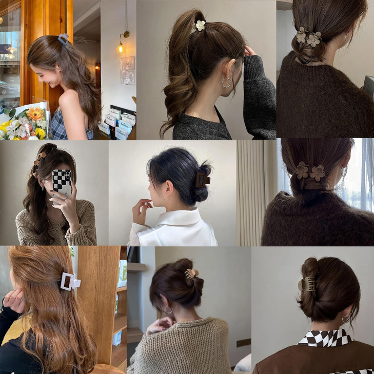 Drnytunk 16Pcs Medium Claw Hair Clips for Women Girls,Matte Rectangle Double Row Teeth Flower Semicircle Small Claw Clips for Thin/Medium Thick Hair,