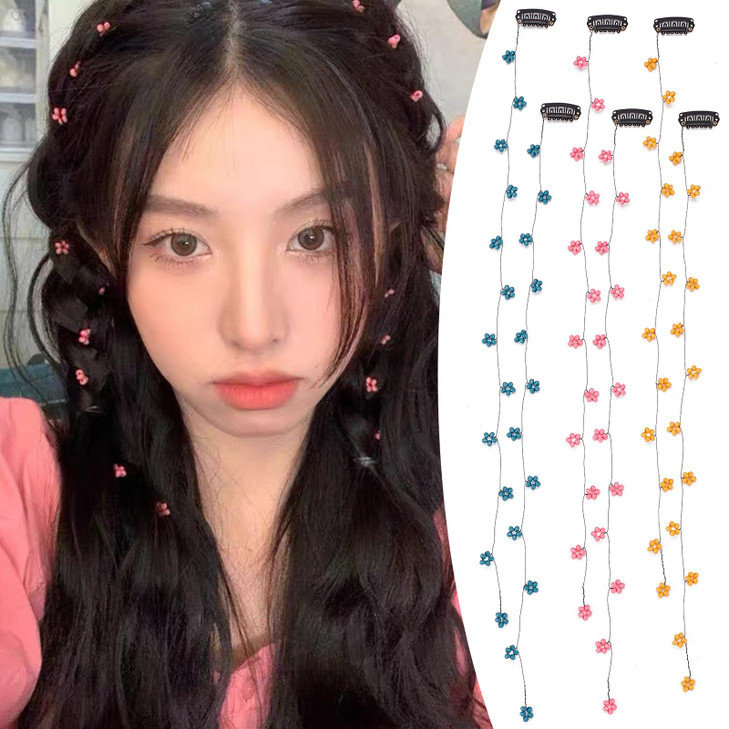NICENEEDED 3 PCS Invisible Flower Hair Chain with Clip, Side Clip Long Hair Extension Chains for Braided, Red Bead Tassel Headpieces Hair Accessories