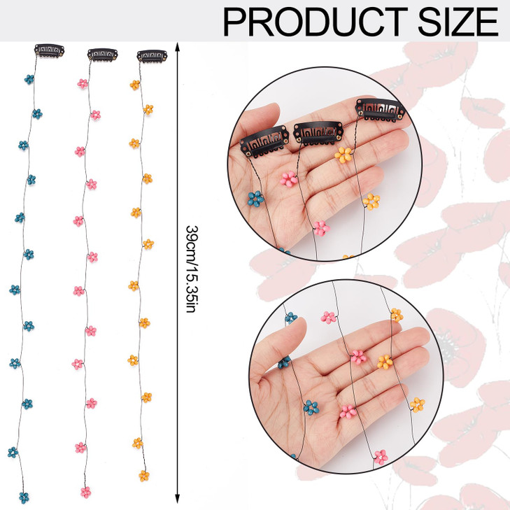 NICENEEDED 3 PCS Invisible Flower Hair Chain with Clip, Side Clip Long Hair Extension Chains for Braided, Red Bead Tassel Headpieces Hair Accessories