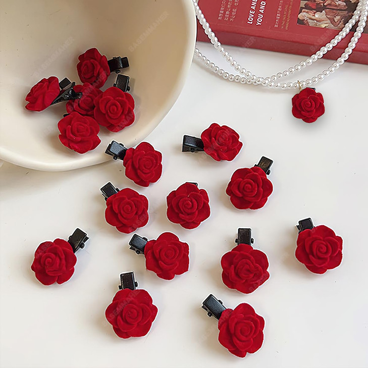 40Pcs Mini Red Rose Flower Hair Clips for Women Girls Cute Small Hair Pins Bridal Hair Barrettes Duckbill Alligator Hair Accessories for Wedding Vale