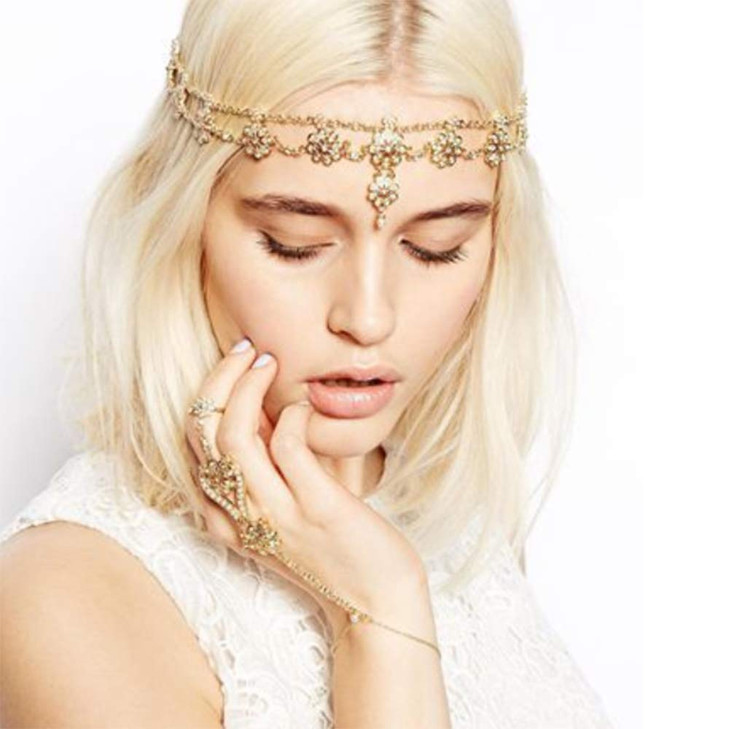 Anglacesmade Bridal Head Chain Rhinestone and Pearl Headband Bohemian Floral Wedding Headpiece Prom Party Festival Hair Accessories for Women and Gir