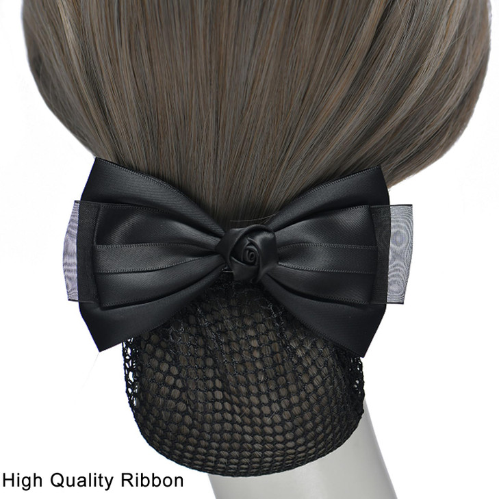 AsggBah 2pcs Hair Snood Net Barrettes with Bowknot Hair Clips with Thin Mesh Bun Cover for Women Ladies (Pink+Black)