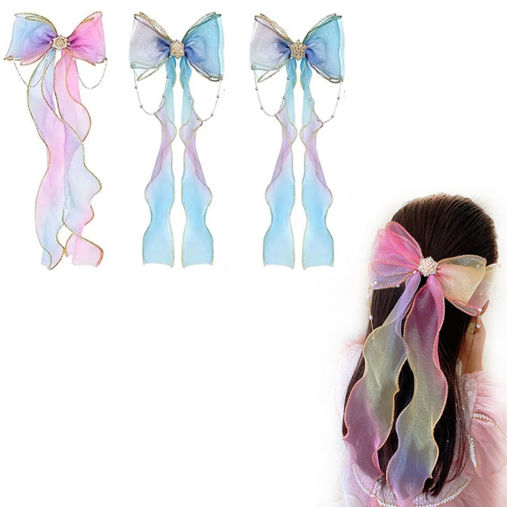 AsggBah 3pcs Colored Hair Long Bows Large Braided Bow with Aligator Clips Colorful Glitter Bowknot Hair Accessories for Little Girls Students