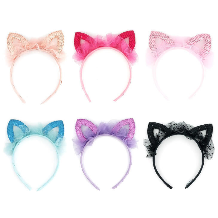 Elesa Miracle Kids Girl Sequins Cat Ear Hair Hoop Toddler Party Favor Hair Band Headband Value Set (6pc- Mix Color)