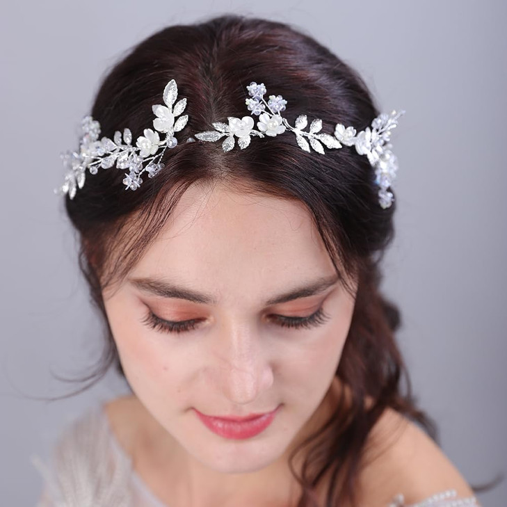 Aimimier Boho Bridal Flower Leaf Headband Crystal Pearl Hair Vine Handmade Wedding Bridesmaid Headpiece Party Festival Hair Accessories for Women and