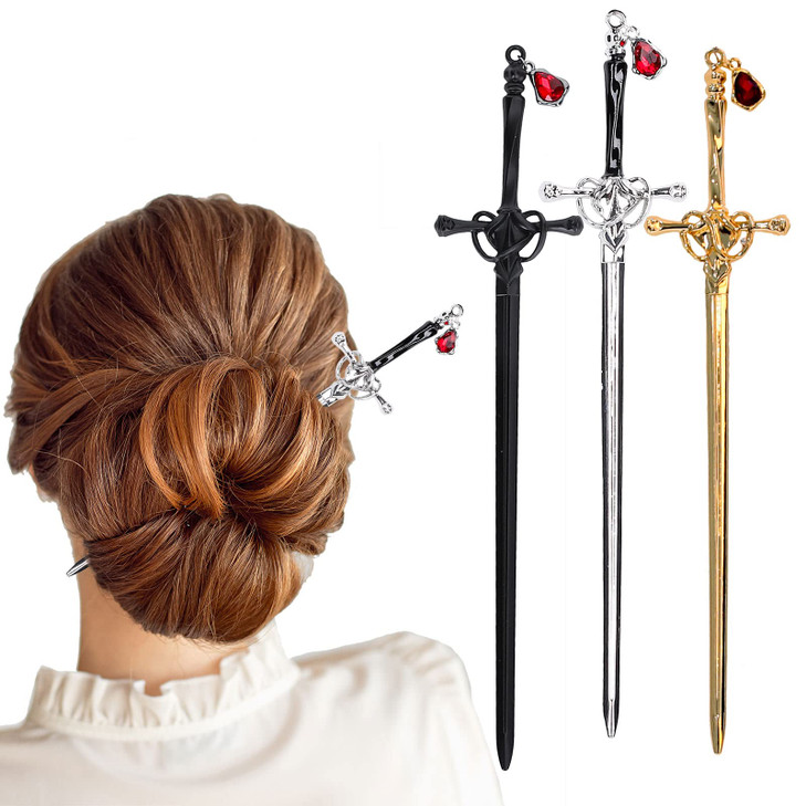 Whaline 3 Pieces Chinese Sword Hair Sticks Metal Sword Hair Pins Stick with Gemstone Pendant Vintage Style Hair Buns Chopsticks Black Silver Gold Col