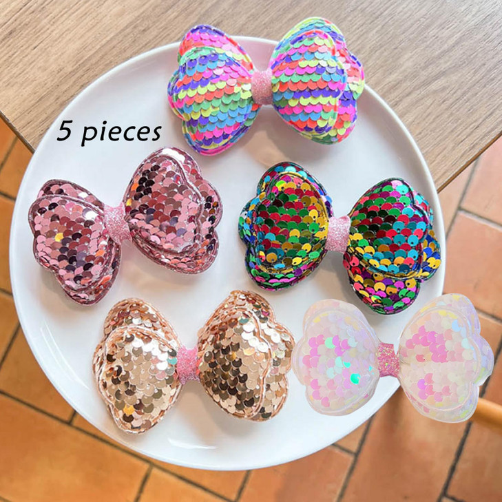 AsggBah 5pcs Colored Hair Alligator Clips with Bling Sequins Festival Party Hair Bows Clips Hair Accessories for Girls Kids Toddlers Pupils.