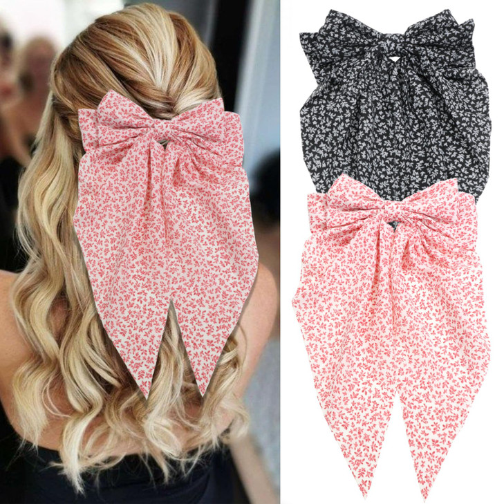 SAWINDA 2PCS Floral Hair Bows for Women Boho Oversized Hair Ribbons Barrettes Cute Aesthetic French Style Hair Ribbon Barrettes Metal Clips Bowknot H