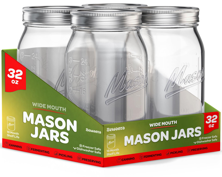 SEWANTA Wide Mouth Mason Jars 32 oz [4 Pack] With Mason Jar Lids and Bands, Mason Jars 32 oz - For Canning, Fermenting, Pickling - Jar Decor - Microw