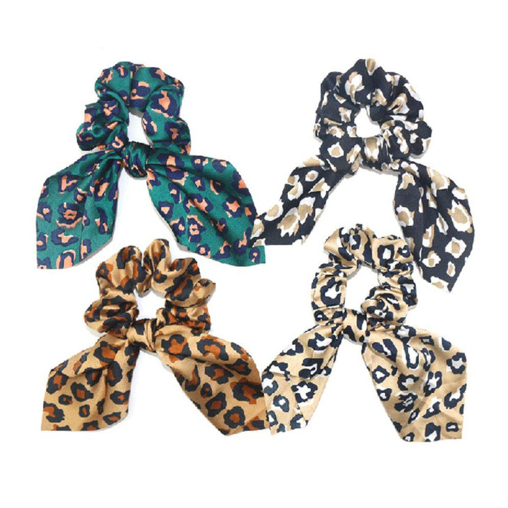 4 Pcs Leopard Rabbit Ear Silk Satin Scrunchie Bow Hair Ring Strong Elastic Ponytail Woman Exquisite Fashion Hair Accessory
