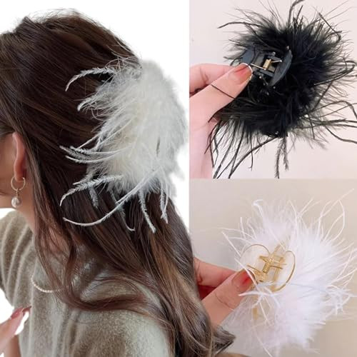 mdgfge Black White Ostrich Feather Hair Clip Hair Feathers Retro Elegant Hair Accessories for Women Girl Bridal Wedding Festival Valentine Birthday P