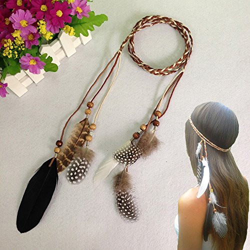 Suoirblss Women Lady BOHO Peacock Feather Hairdressing Hair Band Head Band Folk Style Indian Handmade Headband Hair Hoop Headpiece Headwear Accessory