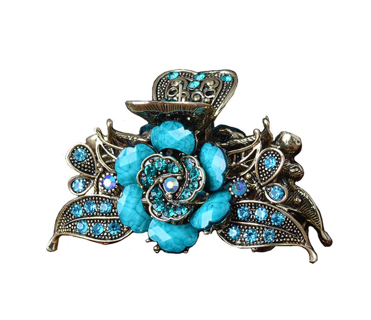 Fodattm Women Lady Retro Rose Flower Imitation Turquoise Hair Claw Clip Vintage Alloy Rhinestone Non-Slip Hair Jaw Clips Hairpin Hair Clamp (Blue)