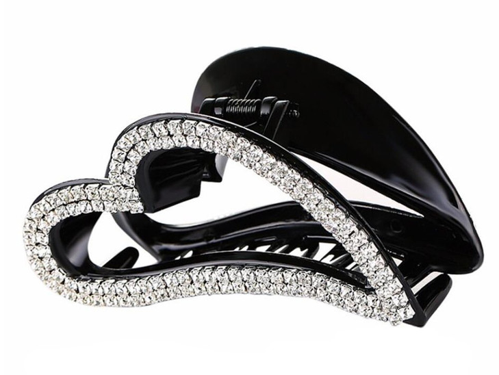 Women Elegant Hollow Heart Rhinestone Crystal Hair Clip Jaw Clip Lady Large Hairpin Hair Claw Hair Accessories (Black)