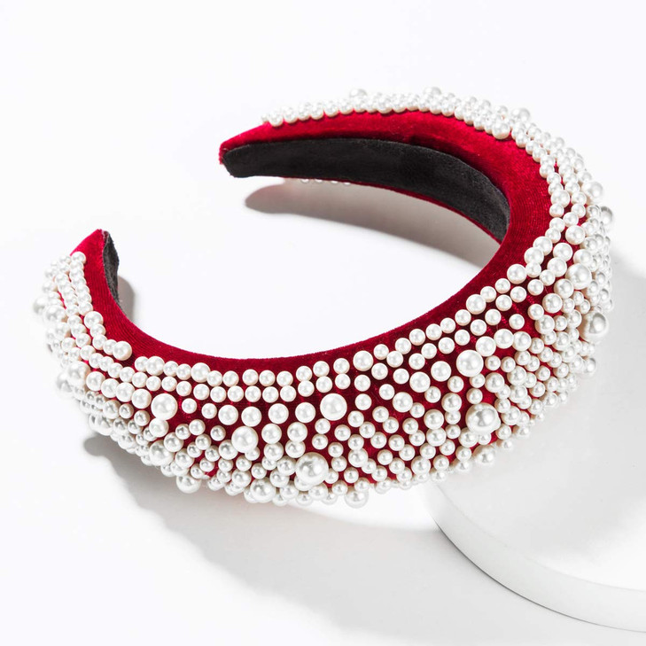 Women Beauty Velvet Padded Head Bands Fashion Imitation Pearl Embellished Hairbands Vintage Hair Bands Boho Wide Headpiece (Red)