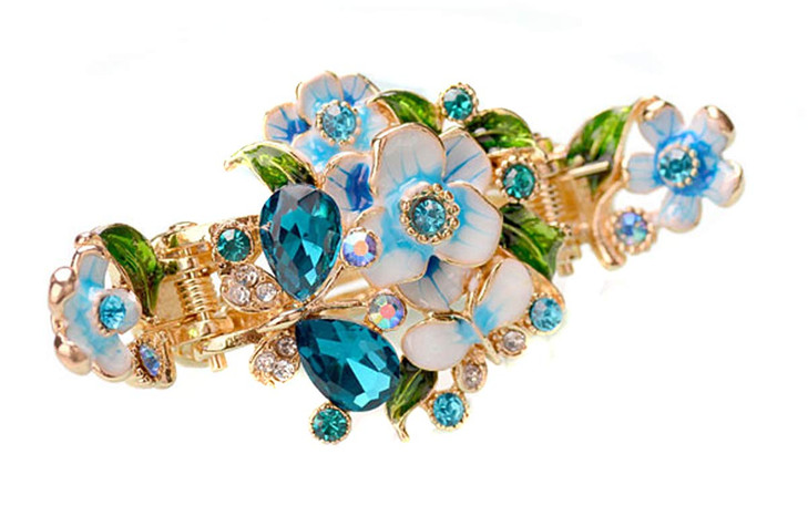 Rhinestone Metal Hair Claw on Dual Spring Vintage Enamel Painted Flowers Shiny Crystals Headdress Hair Clips Alloy Crab Clips Hair Accessories (Blue)