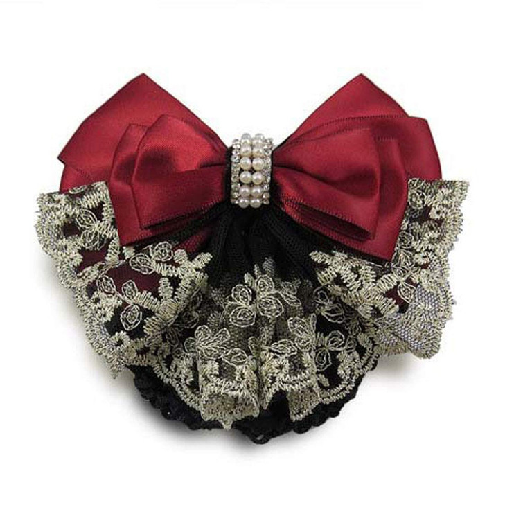 Lady Bow Hair Bun Net Snood Crochet Net Bun Hair Cover Hair Accessories Bowknot Decor Barrette Hair Clip Lace Flower Hair Accessories (Red)