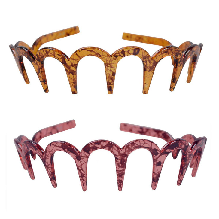 2Pcs Women Comfortable Shark Tooth Comb Headband Hair Band U Toothed Headband Lady Hair Accessory (Dark coffee color + Light red)