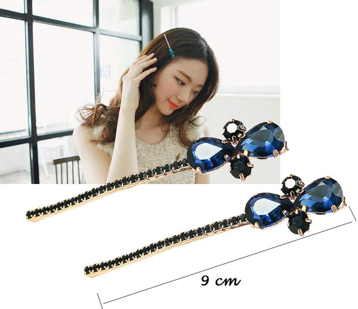 2PCS Women Lady Vintage Imitation Crystal Rhinestone Alloy Barrettes Side Clip Hairpin Hair Clip Bobby Pins Hair Accessories for Wedding Bridal (Blue