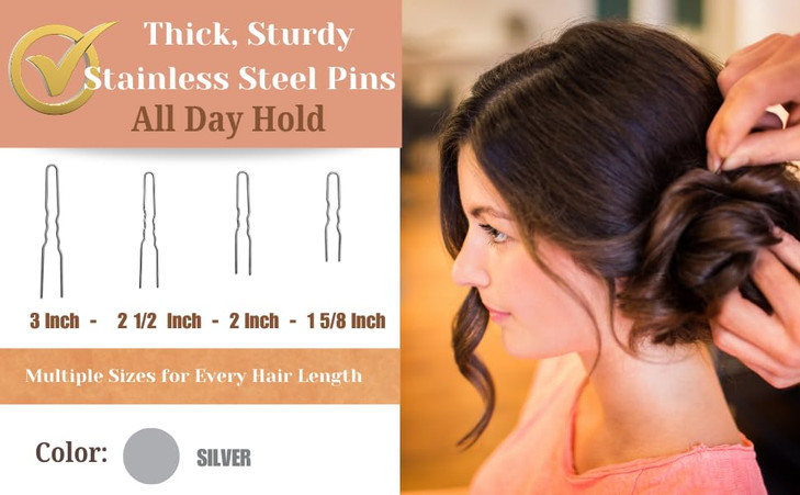 Crinkled Stainless Steel Heavy Duty Snagless Hairpins Pack of 12 Handmade Hair Pin (3 inch)