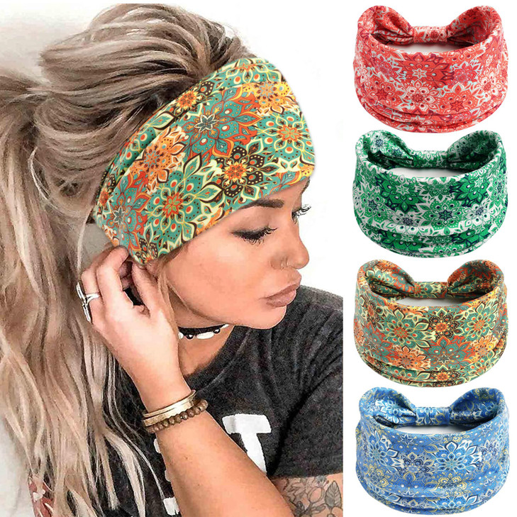 FULZTEY Wide Headbands for Women Floral Printed Boho Hairband Elastic Knotted Bandana Non Slip Workout Yoga Thick Turban Head Wrap Fashion Hair Acces