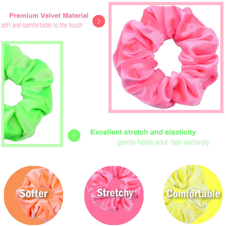 IVARYSS Neon Scrunchies for Hair 80s, Premium Velvet Soft Hair Scrunchy, Solid Colors Thick Elastic Bands, Hair Accessories for Women and Girls, 12 P