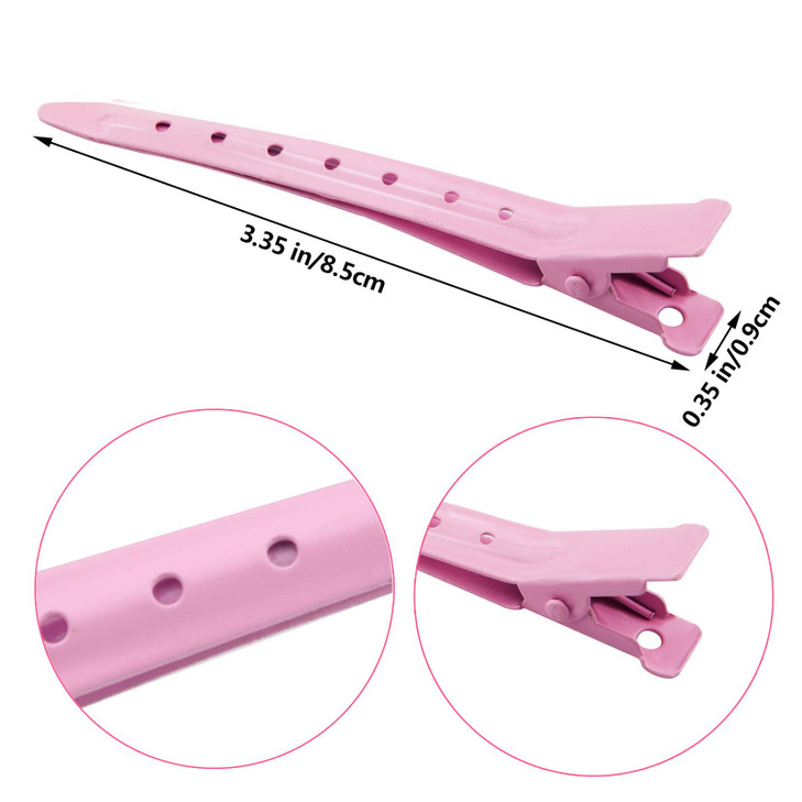 24 Packs Duck Bill Clips, Bantoye 3.35 Inches Rustproof Metal Alligator Curl Clips with Holes for Hair Styling, Hair Coloring, Pink