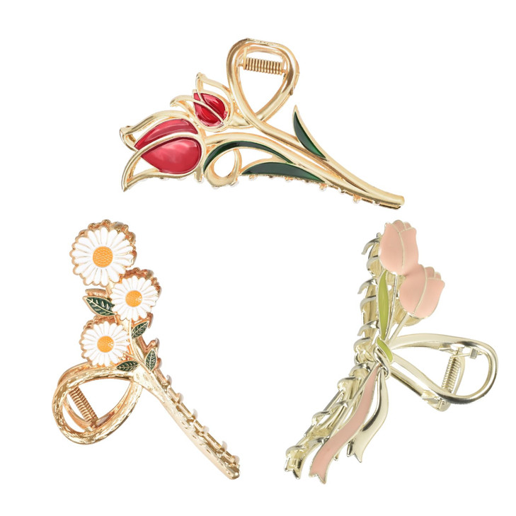 Yonchic 3-Piece Flower Metal Hair Clips, Muticolor Tulip Hair Claw for Thin/Medium Thick Hair, Elegant Daisy Floral Hair Barrettes Strong Hold Clamps