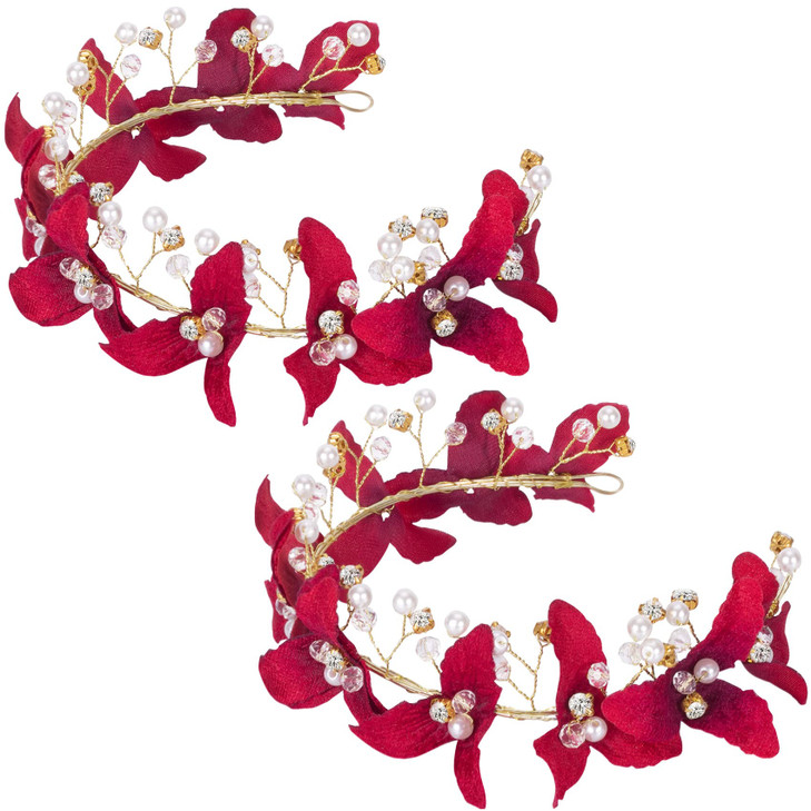 ANCIRS 2 Pack Red Flower Crown Bridal Hair Band Headband, Rhinestone Red Rose Crowns Tiaras Hair Accessories & Crystal Floral Red Bride for Women & G