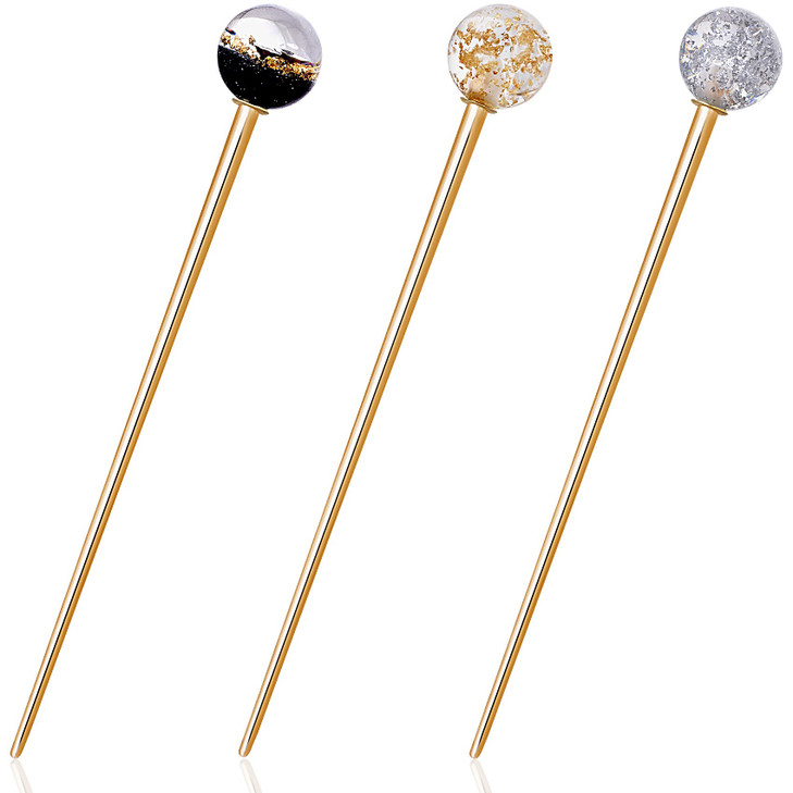 OIIKI 3Pcs Women Lollipop Hair Sticks, Elegant Planet Design Round Ball Metal Hair Stick Forks Chignon Pins Updo Chopsticks Decor Hairpin Fashion Hai