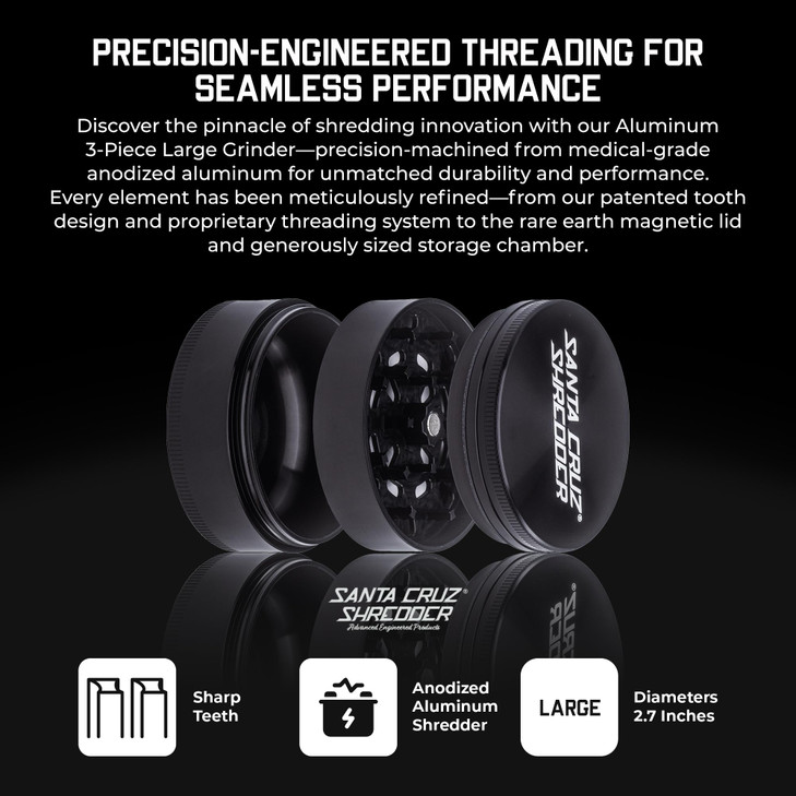 Santa Cruz Shredder Metal Herb Grinder Knurled Top for Stronger Grip 3-Piece Large 2.7" (Black)