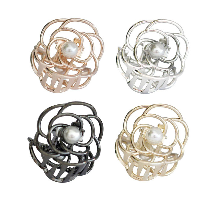 TANG SONG 4PCS Flower Style Small Metal Hair Claw Clips Hair Catch Barrette Jaw Clamp for Women Half Bun Hairpins for Thin Hair (Silver+Gold+Rose Gol