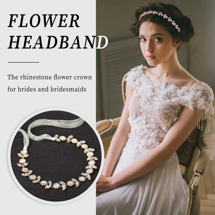 YAEISM Rhinestones Bridal Headpiece Gold Wedding Headband Flower Girl Hair Accessory Elegant Flower Crown for Brides Bridesmaids